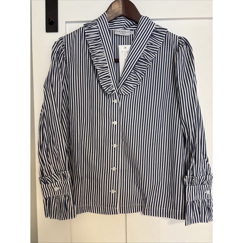 Harshman Women's Size Small Fuella Ruffled Button-Down Shirt - Navy Stripes $198